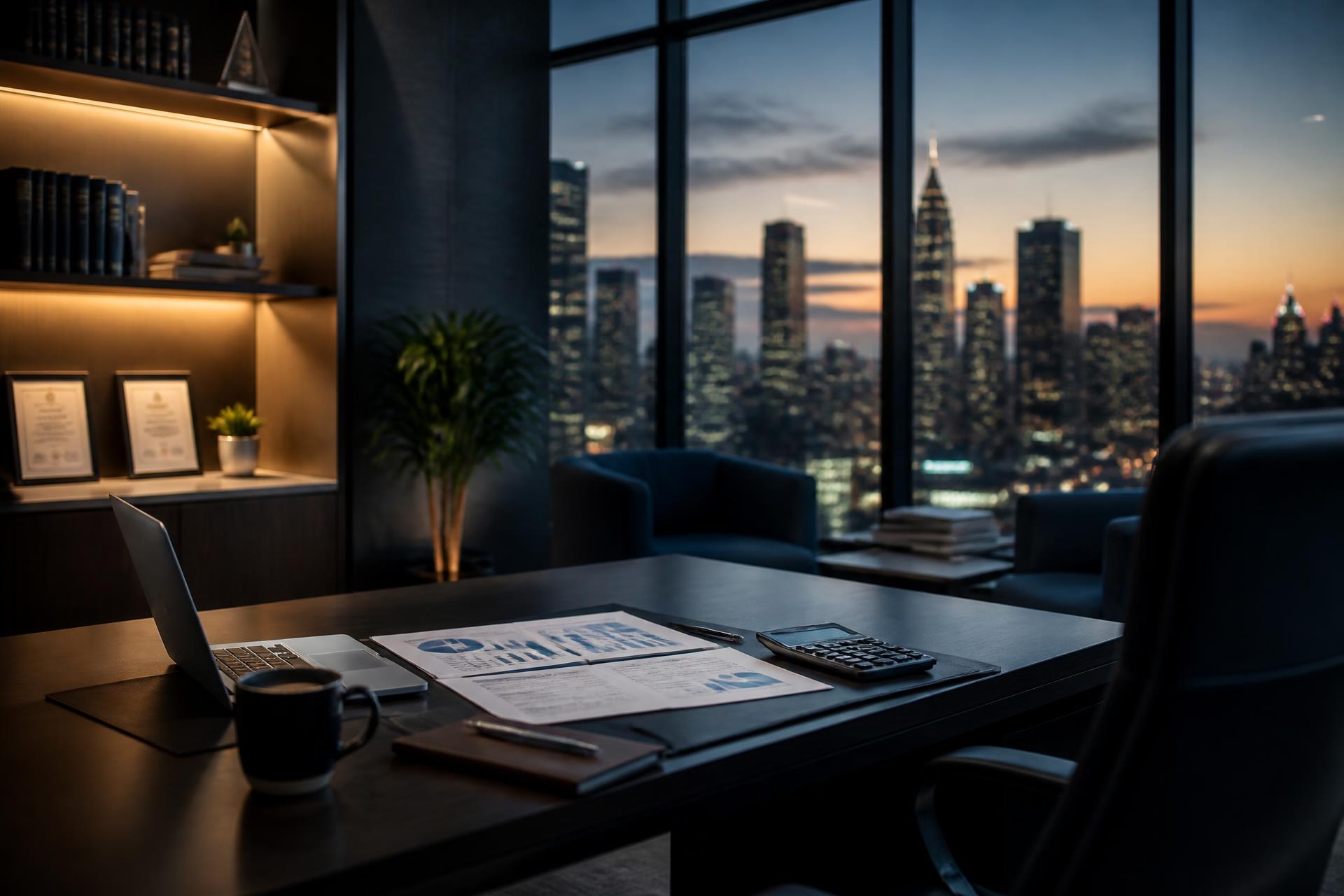 Professional accounting office with city skyline at dusk